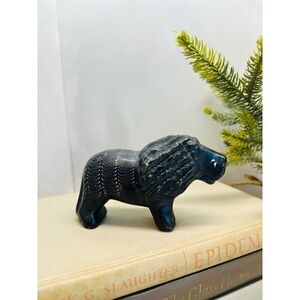 Vintage Hand Carved Soapstone Lion Figurine Black Stone Animal Sculpture Kenya